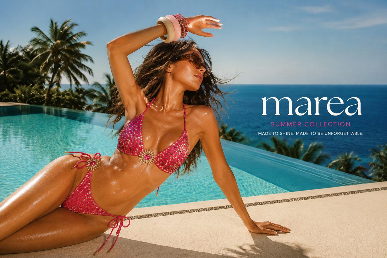 Model wearing Marea's radiant fuchsia bikini beside a tropical pool