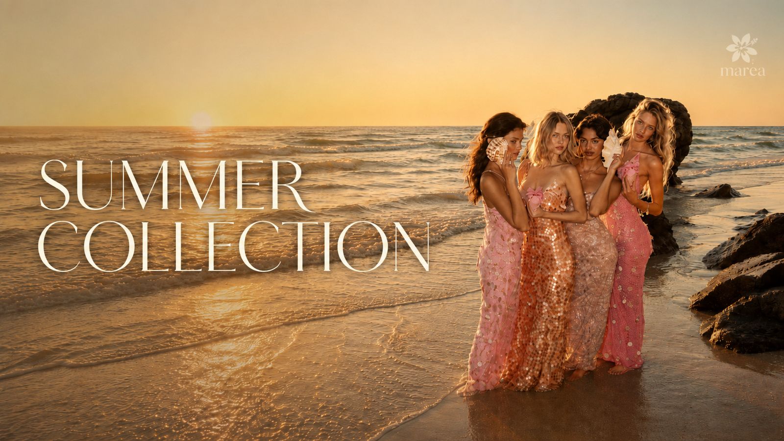 Four friends wearing Marea summer dresses together at sunset on the beach