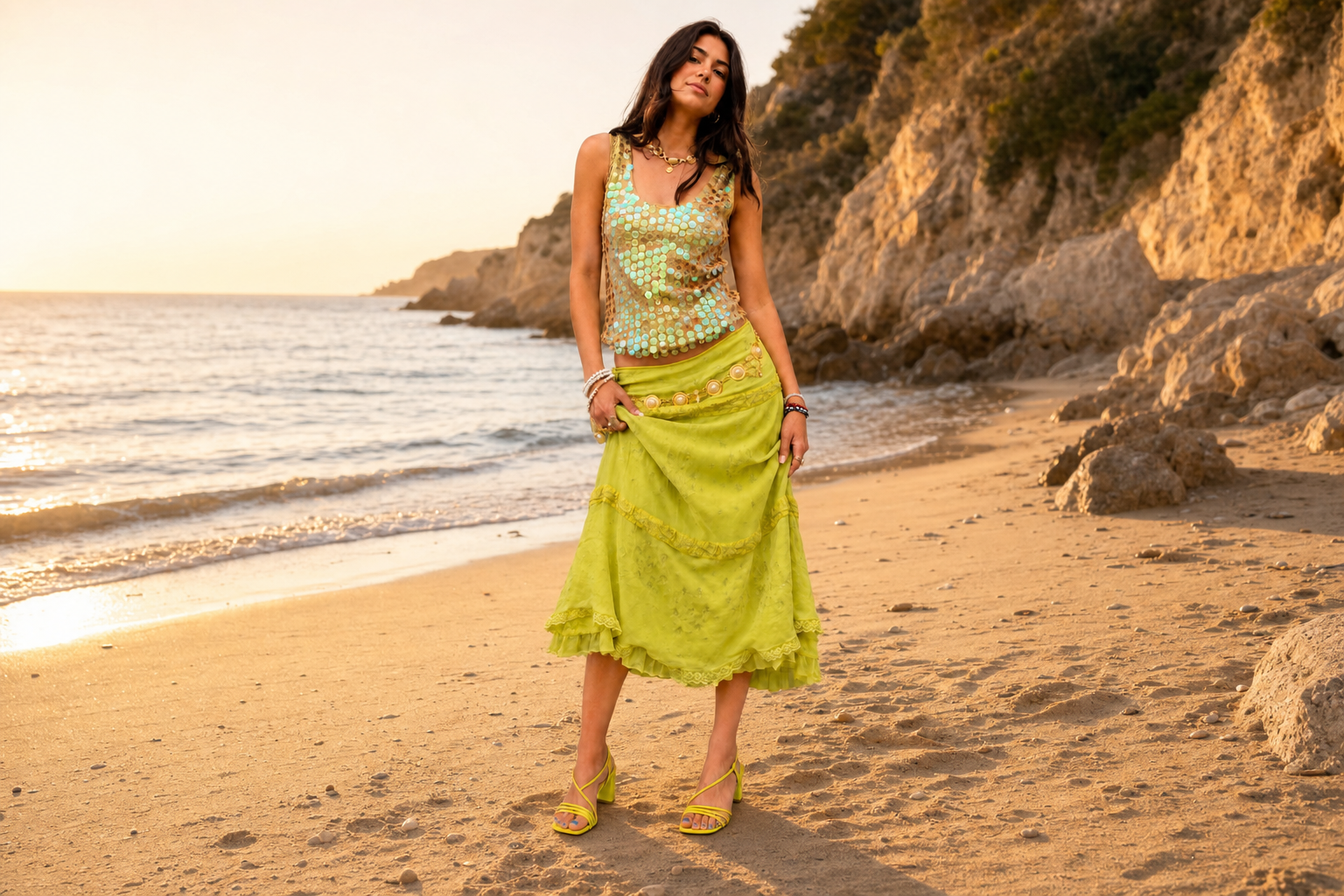 Model wearing the golden sequin and lime Marea set